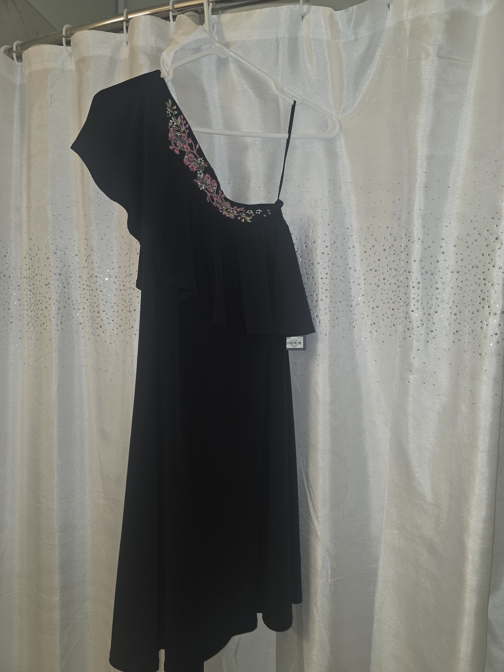 Jennifer Lopez Black One-Shoulder Ruffle Dress with Pink Floral Accents